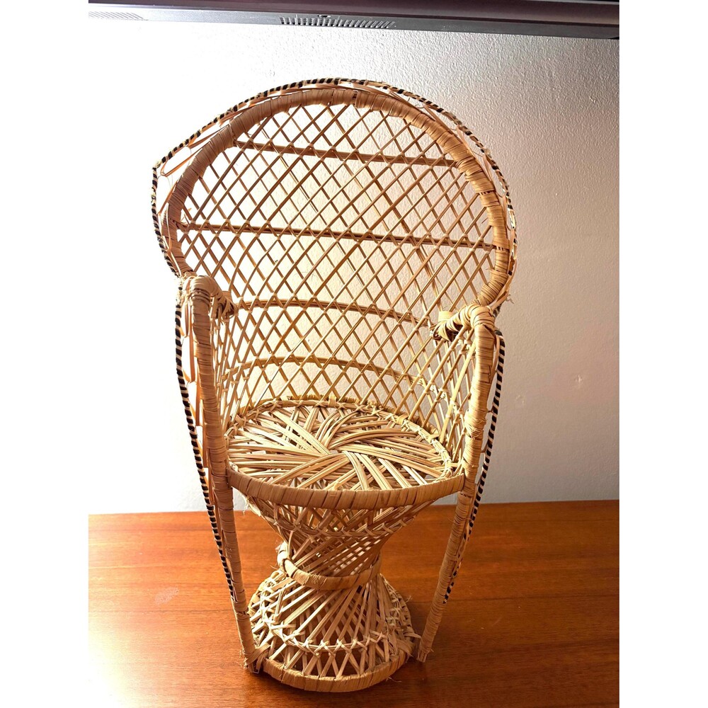 Vintage Mini Wicker Rattan Peacock Chair Boho Chic Plant Stand Doll Teddy Chair